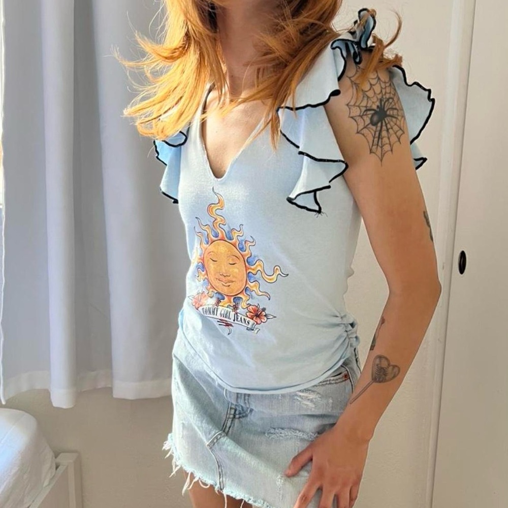 RARE late 90s Y2K Tommy girl jeans baby blue ruffle shirt in mint condition